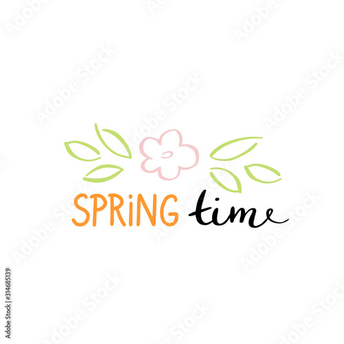 Hand written Spring time phrases in color. Greeting card text templates. Hello Spring lettering in modern calligraphy style. Spring wording. Brush Pen lettering Hello spring