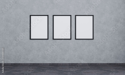 Three empty picture frames on grey concrete wall with dark tiling. Poster frames mockup. Empty room with poster frames. Grey room interior. © Oleksandr