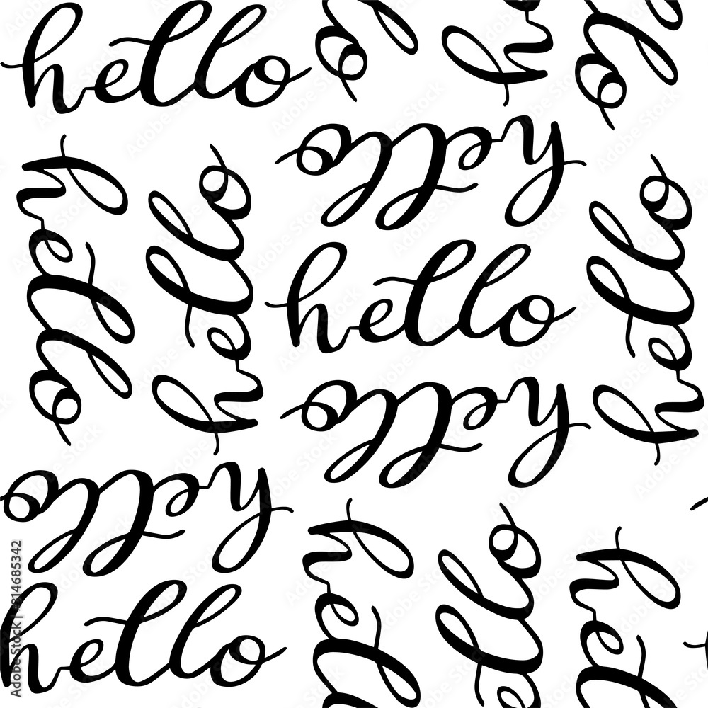 Seamless pattern with words for background, fabric, wrapping paper. Hello typography pattern. Seamless texture with different type of words Hello. Fun background Hello for your design.