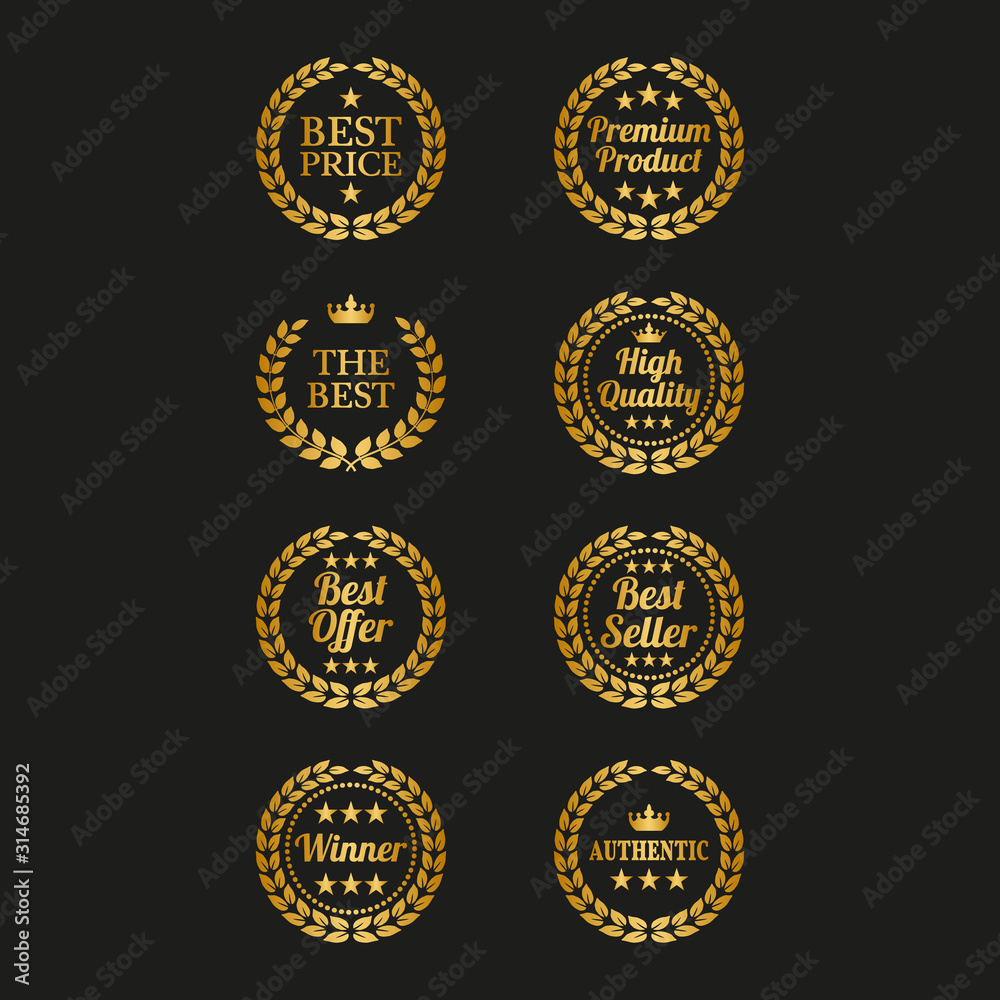 Set of golden laurel wreaths on black background. Set of golden laurel wreaths on black background.