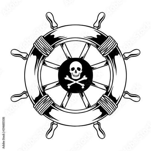 monochrome pirates ship steering wheel. vector object illustration