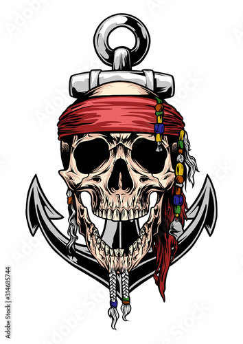 skull pirates wearing bandana with anchor symbol logo. vector object illustration