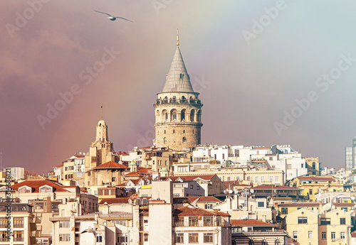 Galata Tower or Galata Kulesi  in Istanbul after Rain with Rainbow on Sky  Turkey