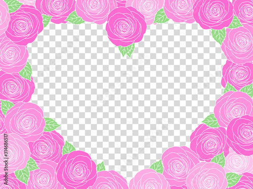 Spring Pink Rose Heart Photo Frame. Floral Top View Flat Lay Picture Border. Romantic Peony With Leaves, Transparent Background. Love Greating Anniversary Card. Wedding Gift.