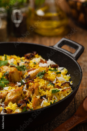 Biryani with chicken. Traditional Indian dish of rice and chicken marinated in spices and yoghurt.