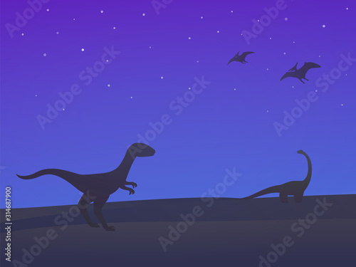 dinosaurs  velociraptor  sauropod and pterodactyls at night vector illustration