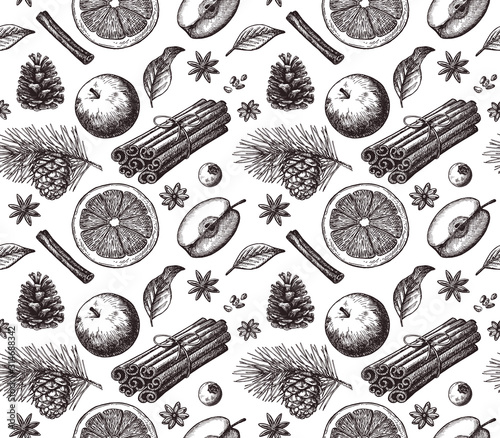 Mulled wine ingredients seamless pattern. Cinnamon stick tied bunch, anise star, orange. Hand drawn sketch.