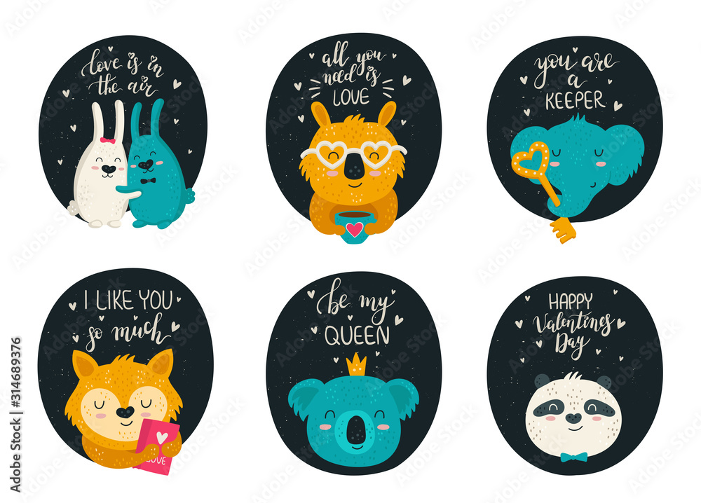 Fototapeta premium Vector collection of hand drawing cute animals and lovely slogans for Valentine's day
