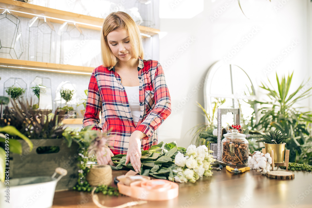 attractive caucasian blond woman take care of plants and flowers in her own shop, making decorative beautiful composition of flowers for customer attractive caucasian blond woman take care of plants and flowers in her own shop, making decorative beautiful composition of flowers for customer