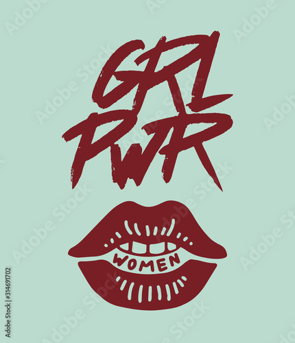  Feminism slogan in vintage style. Girl power and body positive concept. Motivational Quote. Women s rights. Lettering phrase. Sticker for posters and cards. Doodle icon. Hand drawn sketch.