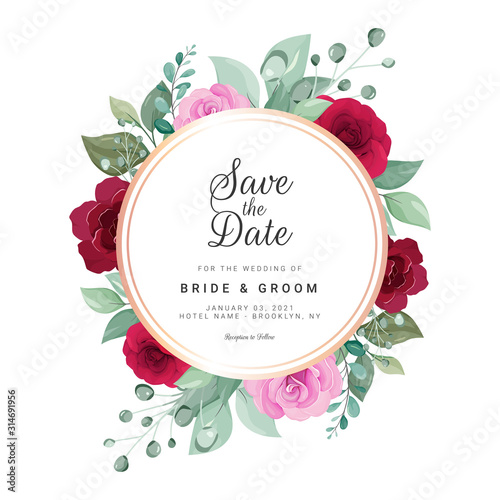 Flowers vector. Floral frame decoration illustration of red and peach rose flowers, leaves, branches. Romantic botanic elements for wedding, greeting, valentine card design