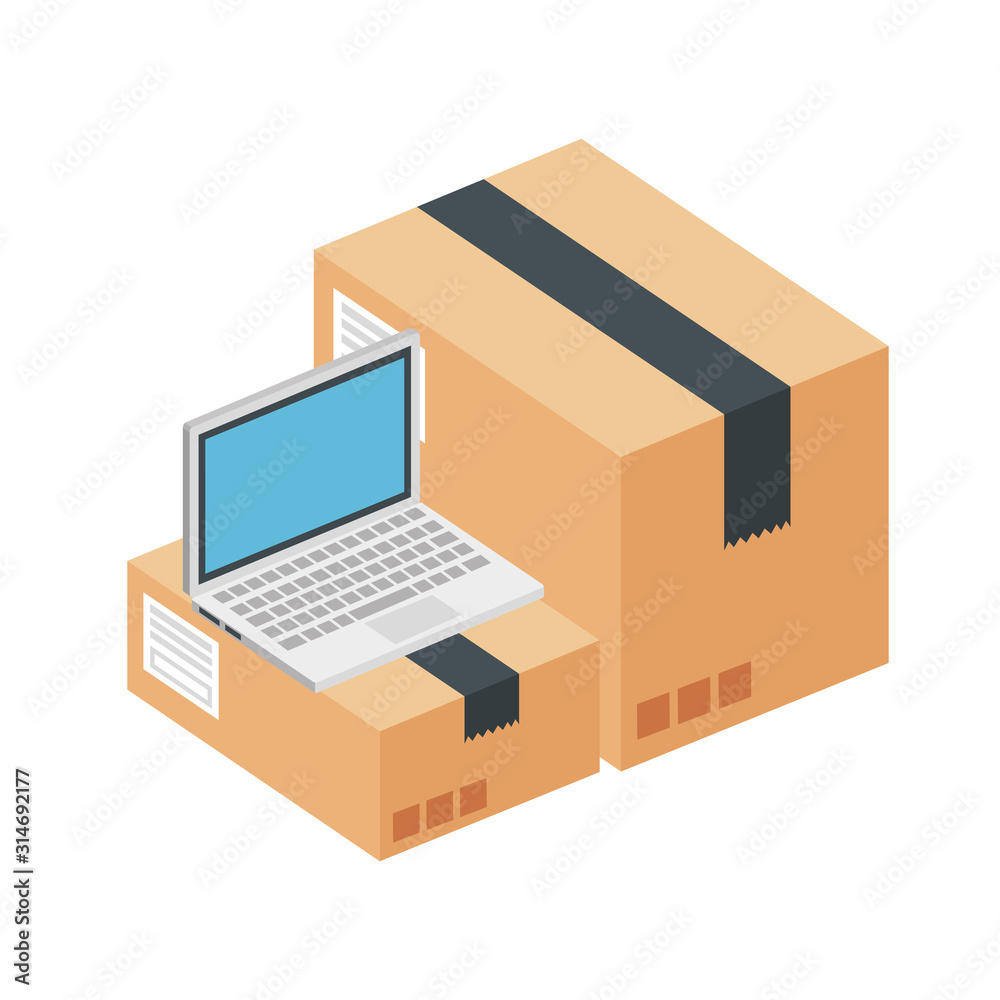 boxes packages with laptop isolated icon vector illustration design