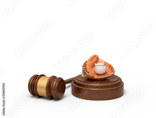 3d rendering of baseball and baseball glove lying on sounding block with judge gavel beside.