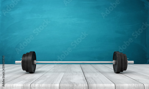 3d rendering of barbell lying on wooden floor near blue wall with copy space.