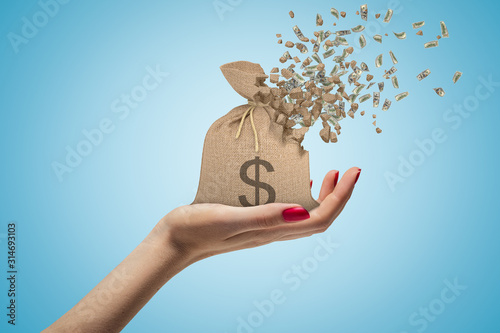 Canvastavla Side closeup of woman's hand facing up and holding canvas money bag that is dissolving in pieces on light blue background