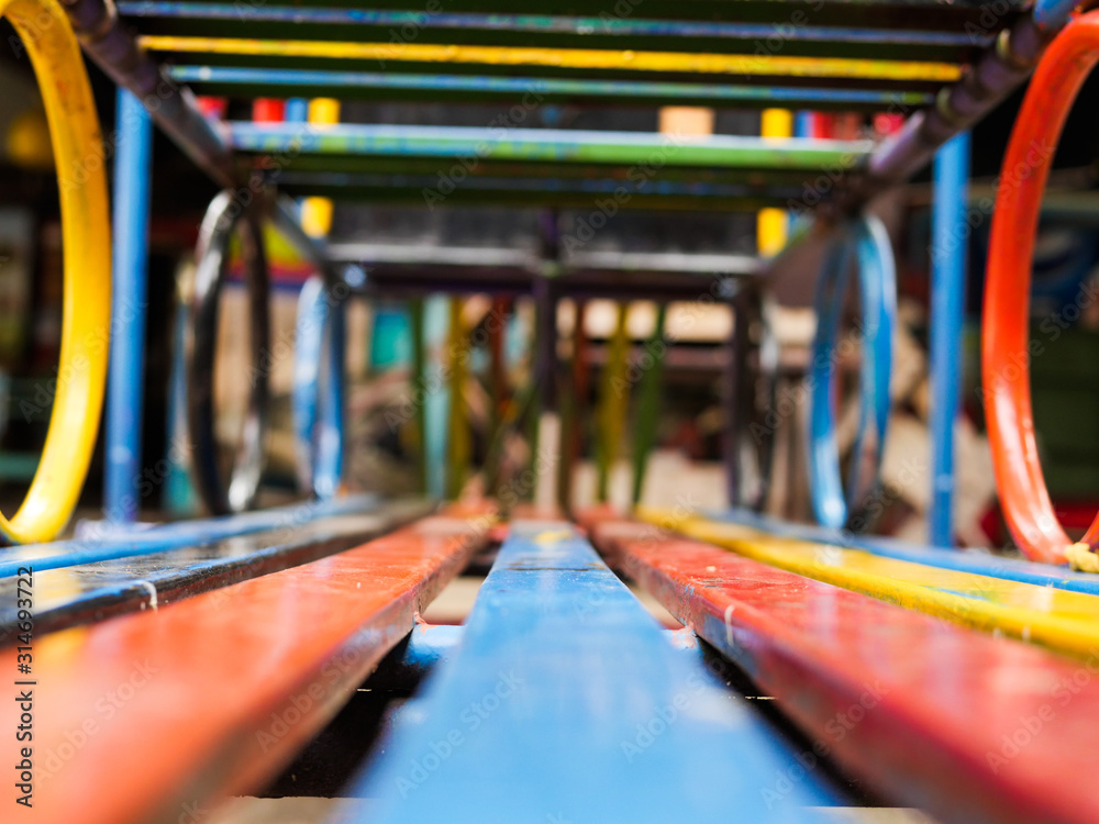 Colorful toy train floor view