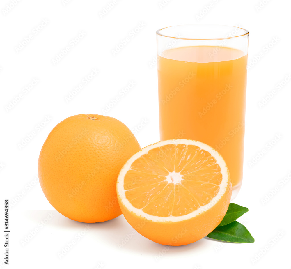 Glass of fresh orange juice with fruits cut in half and sliced with green leaf isolated on white background Glass of fresh orange juice with fruits cut in half and sliced with green leaf isolated on white background