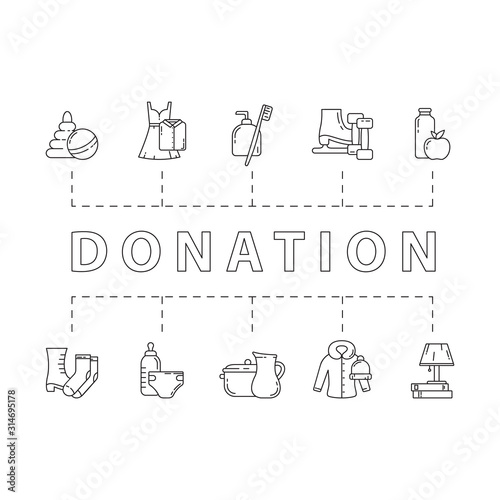 Horizontal donation poster. Charity banner with linear icons and text. Black white illustration. Set of contour isolated vector elements. Categories of stuffs to give: food, clothes, baby toys, shoes