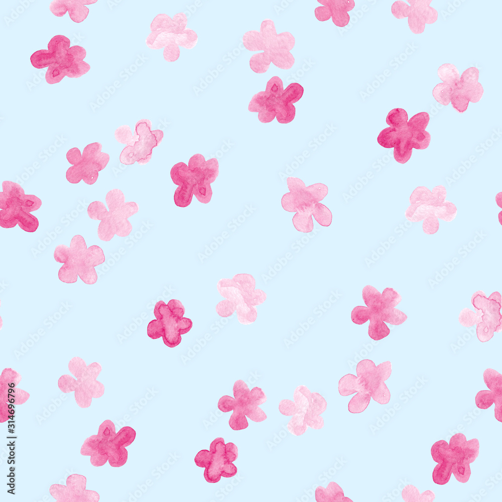 Little pink flowers watercolor - hand drawn seamless pattern on light blue background