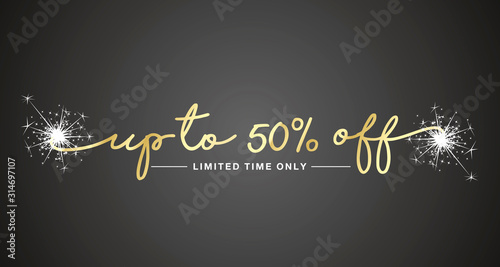 50 percent off sale handwritten lettering tipography sparkle firework gold white black sticker banner