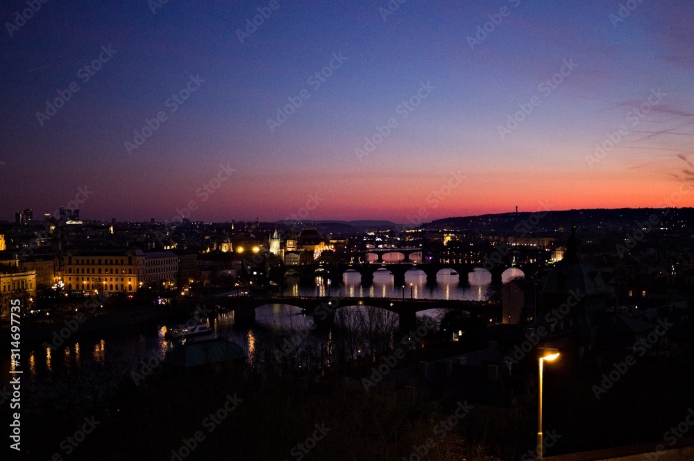 Panoramic view of the bridges of Prague at the sunset (Czech Republic, Europe)