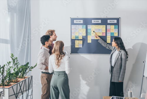 attractive asian scrum master pointing at db design letters on sticky note near businessmen and businesswoman