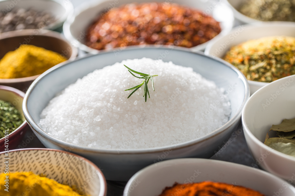 Salt and variety spices and herbs in bowls Salt and variety spices and herbs in bowls