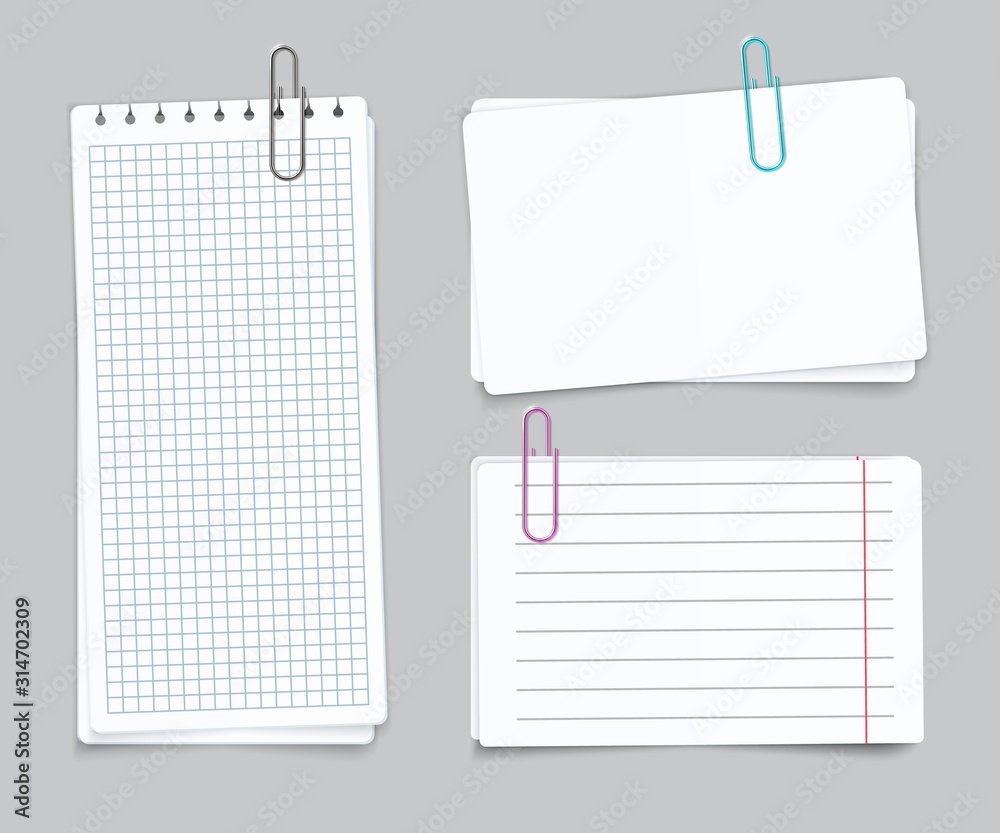 Realistic Different sheets. Blank gridded torn notebook paper color paper clips. Vector notepapers for post memories and remember notes Realistic Different sheets. Blank gridded torn notebook paper color paper clips. Vector notepapers for post memories and remember notes