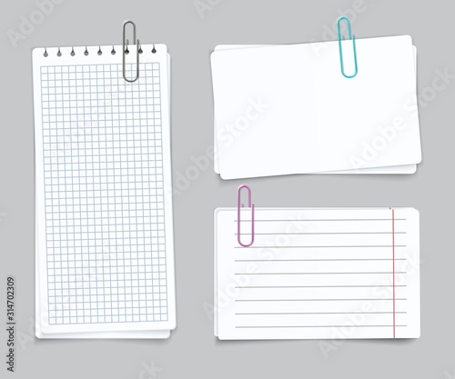 Realistic Different sheets. Blank gridded torn notebook paper color paper clips. Vector notepapers for post memories and remember notes