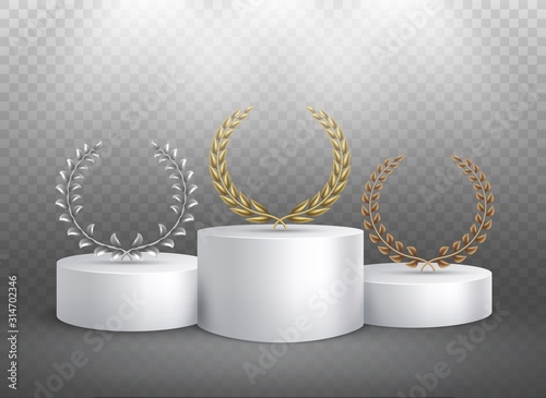 Winner pedestal. Laurel golden emblems on podium reward foliage banner. Pedestal with prize luxury concept illuminated winners places on transparent background photo