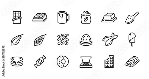 Chocolate line icons. Cocoa pods beans and packs, chocolate candies bars toppings and hot drink. Vector cacao pictograms set organic sweets symbols on white