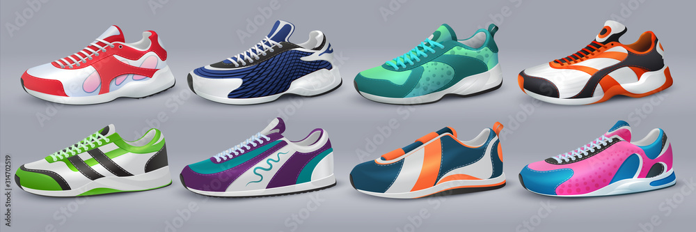 Realistic sneakers. Footwear and training shoes, fashion sport shopping, various colorful shoes. Vector illustration sport shoes isolated set for healthy lifestyle symbol - obrazy, fototapety, plakaty 