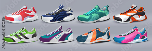 Realistic sneakers. Footwear and training shoes, fashion sport shopping, various colorful shoes. Vector illustration sport shoes isolated set for healthy lifestyle symbol