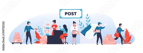 Mail service. Shipping and delivery department banner with cartoon postman characters and parcels. Vector illustration delivery service logistic concept with occupations office worker and postman