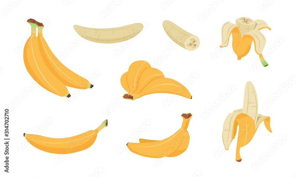 Bananas set. Cartoon logo collection of yellow banana peel, single and peeled tropical fruit, flat simple clip art of banana snack. Vector set illustration bunch healthy tasty vegetarians food
