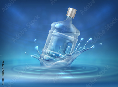 Water dispenser bottle. Realistic advertising background with big water can and splashes. Vector ad mockup of 3d plastic bottle for industrial purifier bottling delivery