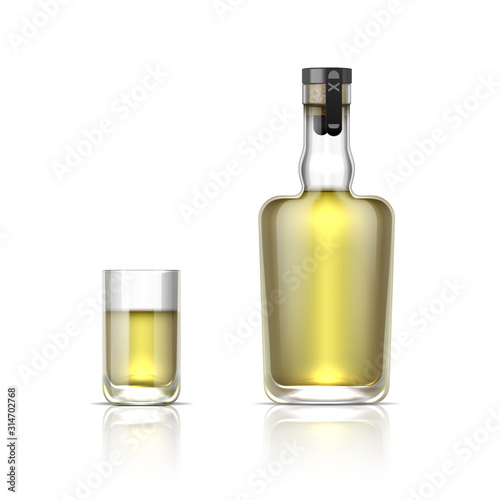 Realistic alcohol bottle. 3D glass shot with tequila or golden rum, alcohol beverage mockup. Vector illustrations whiskey bottle with cork isolated on white background photo