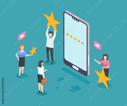 Isometric customer review. 5 star rating services or work. Positive feedback concept with using smartphone. Vector illustration choosing customers quality rating