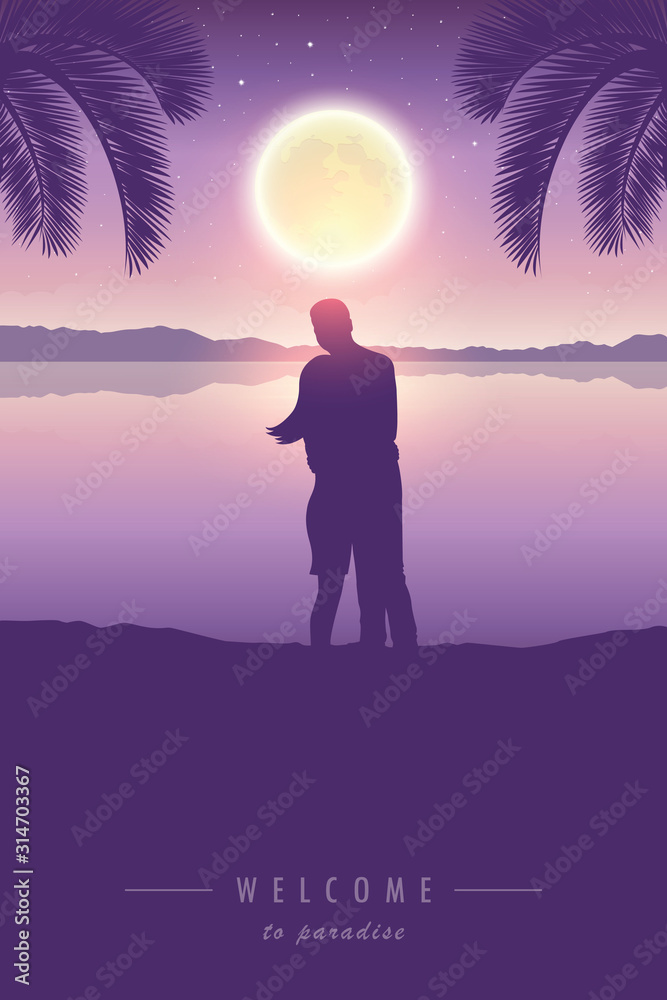 loving couple enjoy the full moon under palm tree vector illustration EPS10