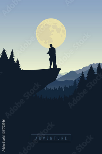 couple on a cliff in snowy mountain at moon shine vector illustration EPS10