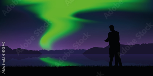 couple by the lake with beautiful green polar lights nature landscape vector illustration EPS10