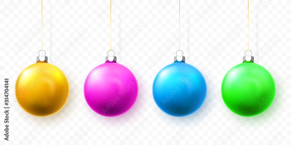 Blue, green, yellow and red Christmas ball. Xmas glass ball on white background. Holiday decoration template. Vector illustration Blue, green, yellow and red Christmas ball. Xmas glass ball on white background. Holiday decoration template. Vector illustration