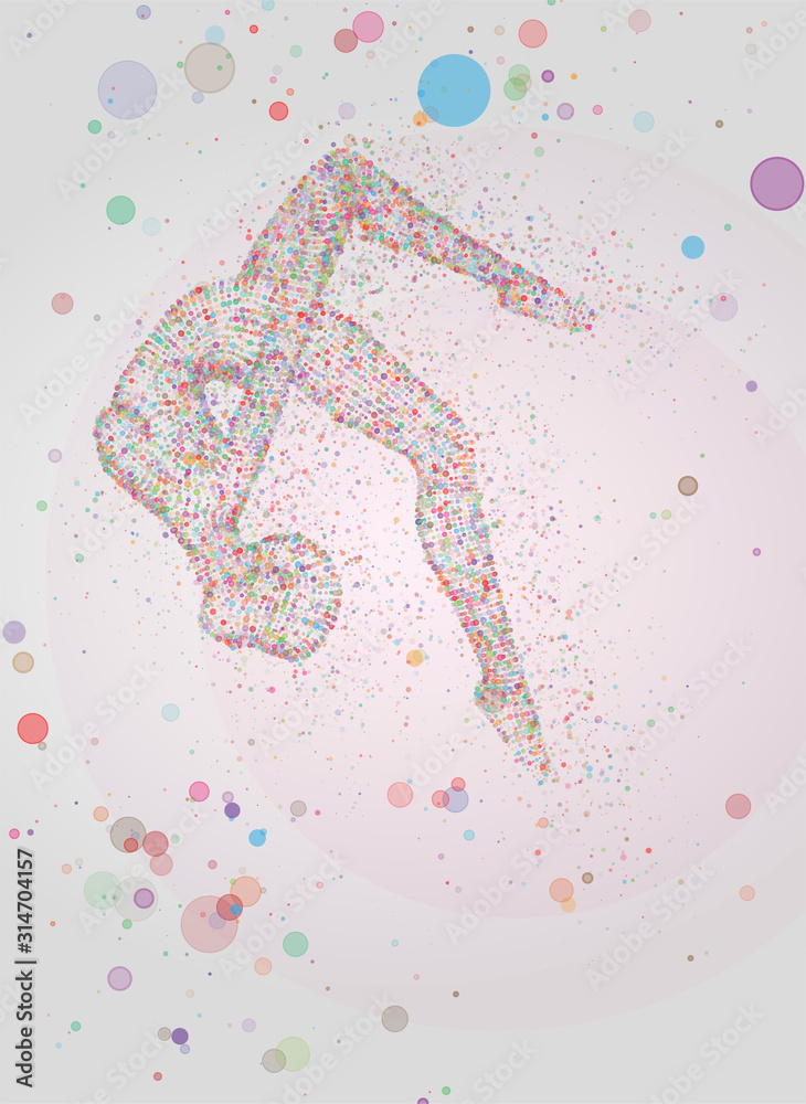 .Female silhouette from colorful dots dancing on an abstract background. vector layout.