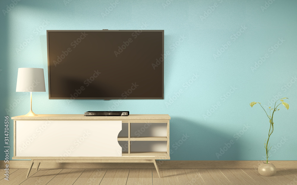 Tv shelf in mint room modern tropical style - empty room interior - minimal design. 3d rendering Tv shelf in mint room modern tropical style - empty room interior - minimal design. 3d rendering