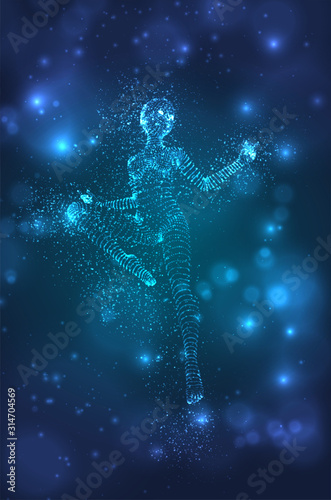 A female silhouette from luminous dots dancing on an abstract dark blue background. vector layout © coffeemill