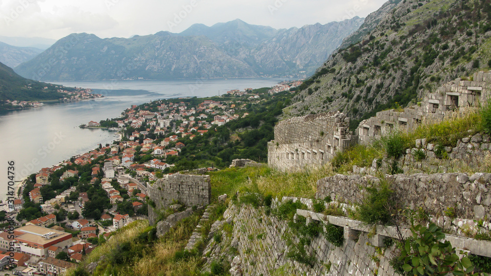 walls of Castle Of San Giovanni in Kotor city and panoramic view of old town