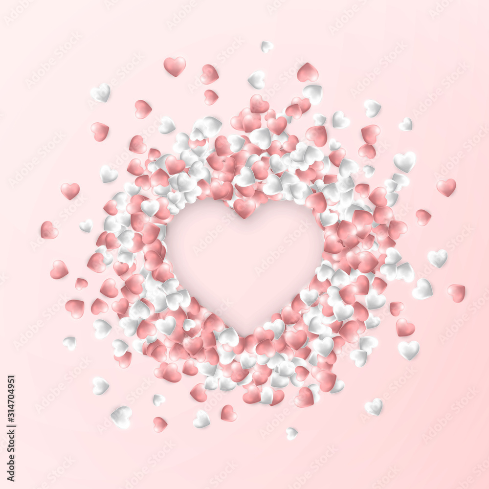 Happy Valentines Day background, pink and white hearts on pink background. Vector illustration