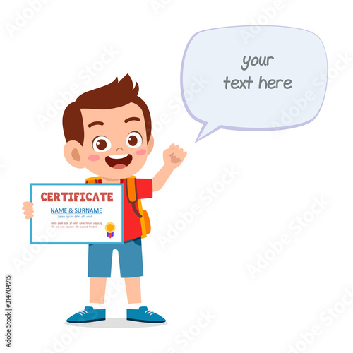 happy cute little kid boy holding certificate