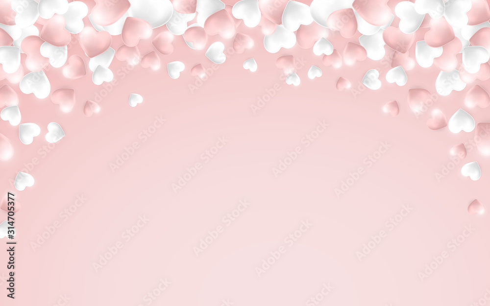 Happy Valentines Day background, pink and white hearts on pink background. Vector illustration