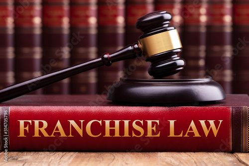 Gavel And Striking Block Over Book With Franchise Law Text